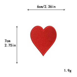 Red heart embroidered patch for clothing with 6x7cm size dimensions and weave texture