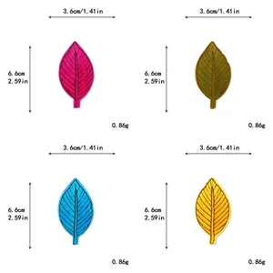 Größentabelle für Blatt-Stickpatches mit Maßen 3,6x6,6cm in vier verschiedenen Farben