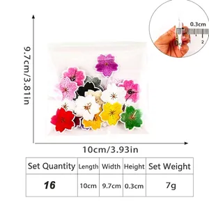 16-piece set of colorful cherry blossom embroidery patches with specific size measurements