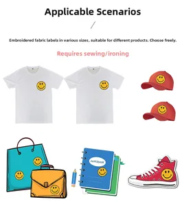 Detailed view of yellow smiley face towel embroidery patch on clothing and bags