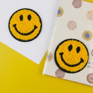Cute yellow chenille smiley face patch with classic embroidery for DIY clothing decor