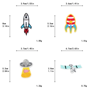 Detailed view of four space-themed embroidered patches with dimensions and weight specs