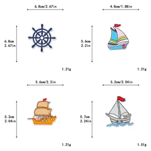 Size chart showing nautical ship and anchor embroidered patches for DIY clothing decoration