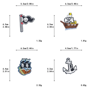 Detailed view of pirate theme embroidery patches with sizes for sailing ship and anchor