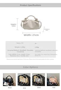 Detailed size and color guide for the ruched cloud handbag featuring four versatile shades