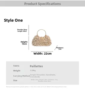 Detail view of sequined evening bag with ring handle and size specifications