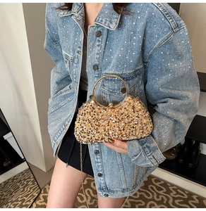 Champagne gold sequin evening clutch bag with round metal handle and chain strap