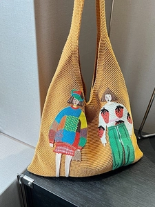 Damen Gestrickte Schultertasche Große Kapazität Tote Mit Figuren Erdbeere Stickerei Koreanisch Vintage Lässig Alltag Tasche