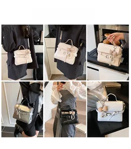 Collage of chic crossbody bags in cream, silver, black showing bows and pearl charms