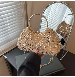 Champagne gold evening clutch with sequins, metal ring handle and crossbody chain