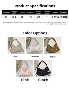 Size chart showing dimensions for large pleated shoulder bag with five color options