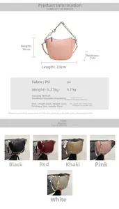 Detail view of stylish PU saddle bag showing dimensions 23x16x7cm and chain strap