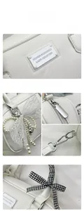 Détails du sac bowling blanc avec nœud en dentelle perlée et étiquette en métal argenté