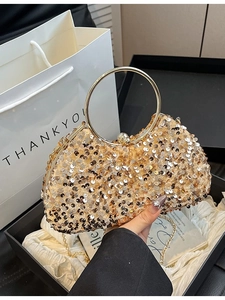 Elegant champagne gold sequin evening clutch bag with circular metal handle and chain