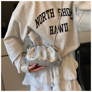 Detail of silver metallic dumpling bag with pleats and fine metal chain strap