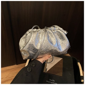 Detailed view of silver pleated cloud bag featuring snakeskin texture and metal ring buckle