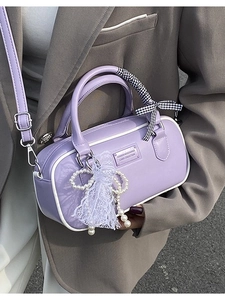Glossy purple bowling handbag with silk ribbon and lace pearl bow decoration