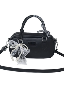 Chic black PU leather bowling bag with pearl bow charm and checkered handle scarf