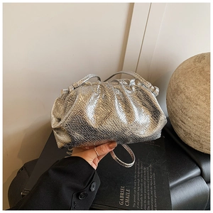 Macro shot of silver pleated cloud bag featuring premium snake pattern texture details
