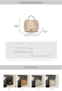Detailed spec chart showing dimensions of the beige PU leather bucket bag and color options