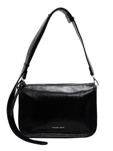 Sac à bandoulière chic en cuir verni noir avec lettrage blanc et sangle réglable