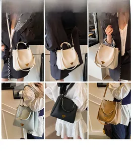 Collage of leather bucket bags with lychee grain showing multiple colors on models