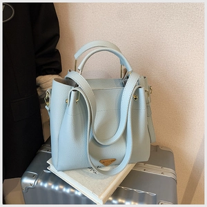 Detailed view of light blue lychee pattern leather tote bag with gold metal logo on suitcase