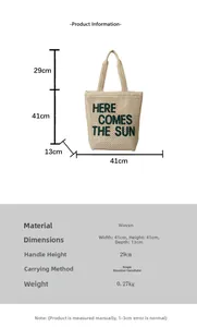 Detailed size specifications for beige woven beach tote bag with green embroidery