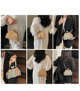 Detail of straw woven bags with pearl straps in natural wood and colorful stripe patterns