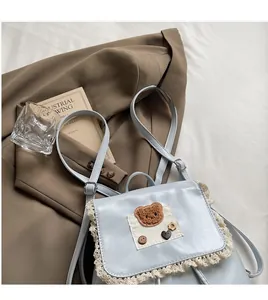 Detail of light blue PU backpack featuring lace trim and cute plush bear accessory