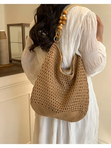 Sac Cabas Bohème Tissé à la Main Ajouré pour Femme Avec Bandoulière en Perles de Bois Sac à Épaule de Vacances à la Plage Grande Capacité Sac à Main au Crochet