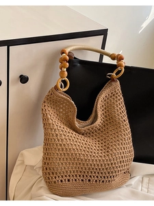 Sac cabas en paille tissé à la main avec poignées en perles de bois pour plage d'été