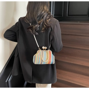 Detail of colorful woven straw bag with pearl clasp and strap against black blazer