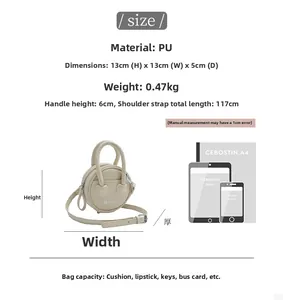 Detailed size chart for mini round PU leather crossbody bag with precise dimensions