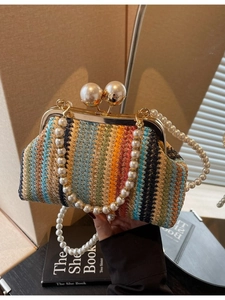 Handmade colorful woven straw beach bag with pearl strap and vintage metal clasp