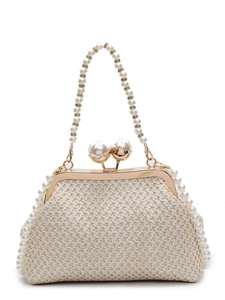 Handmade woven straw crossbody bag with pearl embellishments and a metal clasp closure