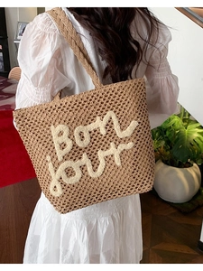 Borsa Tote in Paglia Intrecciata da Donna Grande Capacità Ricamo Lettere Bonjour Borsa a Tracolla Spiaggia Estiva Handbag Casual