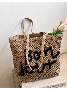 Borsa tote in paglia intrecciata a mano con ricamo Bonjour per spiaggia e tempo libero