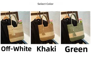 Three-color comparison of summer woven tote bags in beige, khaki, and green with tassels