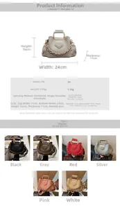 Detail of PU bucket bag with metal handle, chunky chain and printed strap size chart