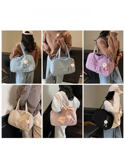 Collage of colorful large-capacity canvas travel bags shown by model in various colors