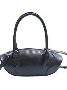 Minimalist black oval leather handbag with slim top handles and silver hardware