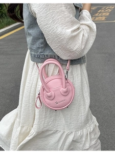 Mini sac à main rond rose texture litchi pour femme avec poignées cœur et bandoulière