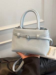 Women PU Leather Litchi Pattern Bucket Bag Large Capacity Commute Crossbody Shoulder Handbag Premium Metal Buckle Decor Top Handle Bag