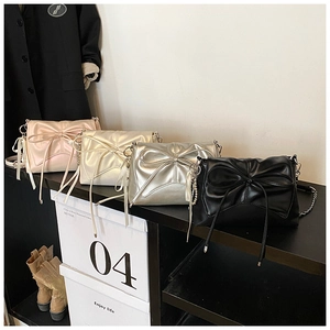 Bow-knot pleated underarm bag with chain strap in pink, beige, silver, and black colors