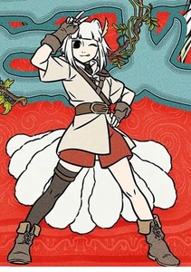 Artistiek detail van anime-vossencosplay met witte staarten en een vintage avontuurlijke outfit