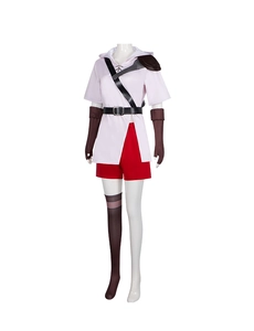 Detail van roze top met capuchon en rode short voor anime cosplay personage kostuum