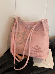 Borsa a Secchiello Ricamata da Donna in Nuovo Stile Cinese Tessuto di Raso Paesaggio Architettura Borsa a Tracolla Con Nappina Vintage