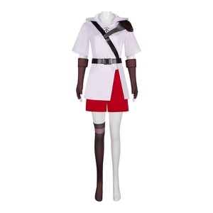 Dames Anime Stijl Cosplay Kostuum Roze Hooded Korte Mouw Top En Rode Shorts Met Riem Vingerloze Handschoenen En Sokken Outfit