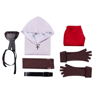Cosplay set met roze hoodie, rode broek, vingerloze handschoenen en taille tasje